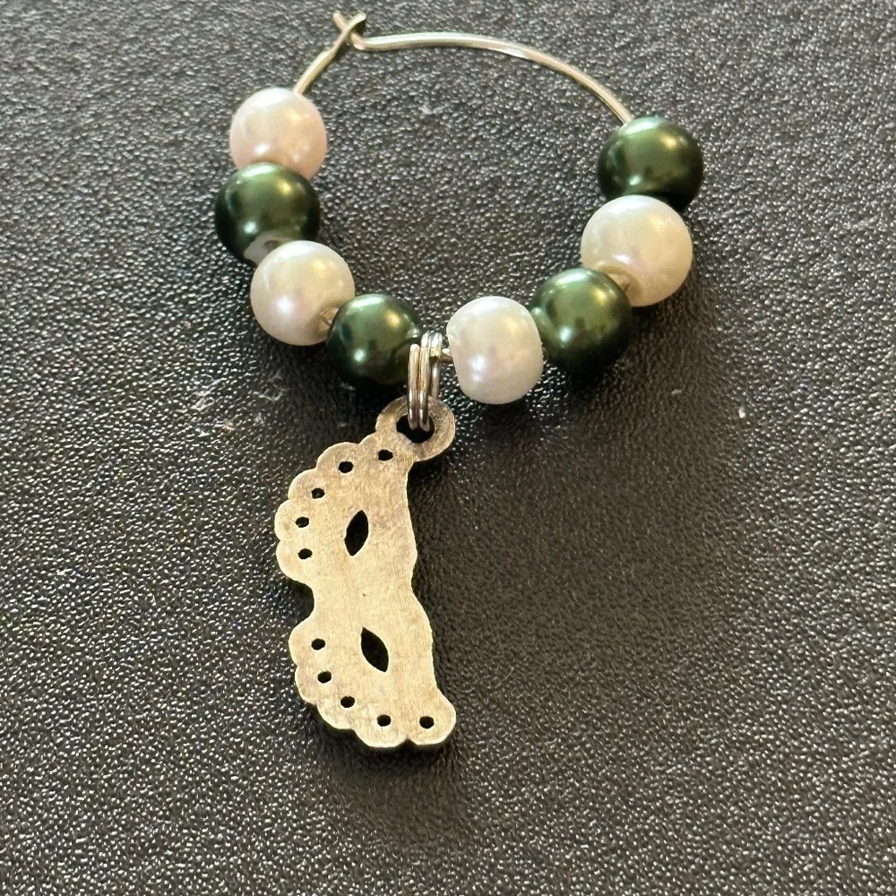 Wine glass tag stainless steel hoop Green/white beads Masquerade mask charm